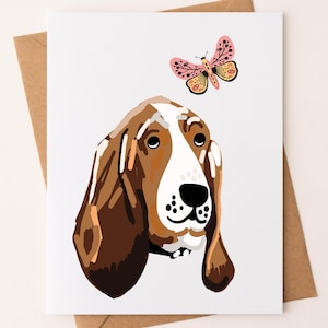Basset Hound Greeting Card: Butterfly Illustration, Dog Thank You Card