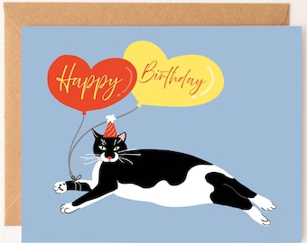 Black and White Cat Birthday Card, Funny Cat Birthday Card, Tuxedo Cat Card, Cat Lover Birthday Gift, Cute Balloon Birthday Card