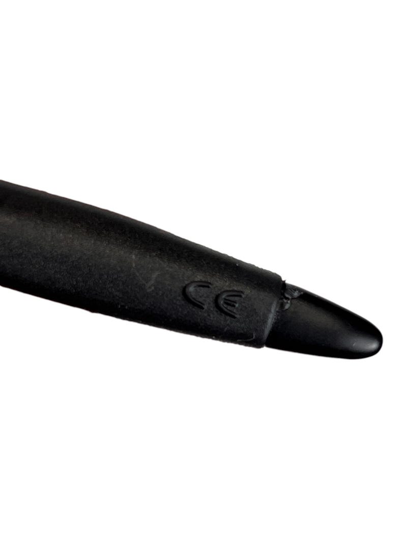 May include: Close-up of a black stylus pen with a rounded tip. The stylus has a matte finish and features the letters "CE" imprinted on the side.