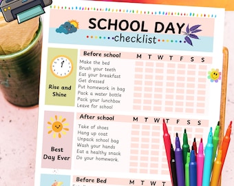 Checklista för skoldag, utskrivbar, barns dagliga rutinschema, visuellt schema för läggdags, digital nedladdning för föräldrar och lärare