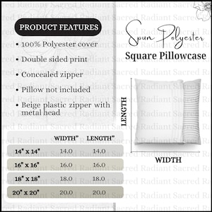 May include: White square pillowcase made of spun polyester, available in multiple sizes from 35.5cm x 35.5cm to 50.8cm x 50.8cm. Features include a concealed zipper and double-sided print. The pillow is not included.