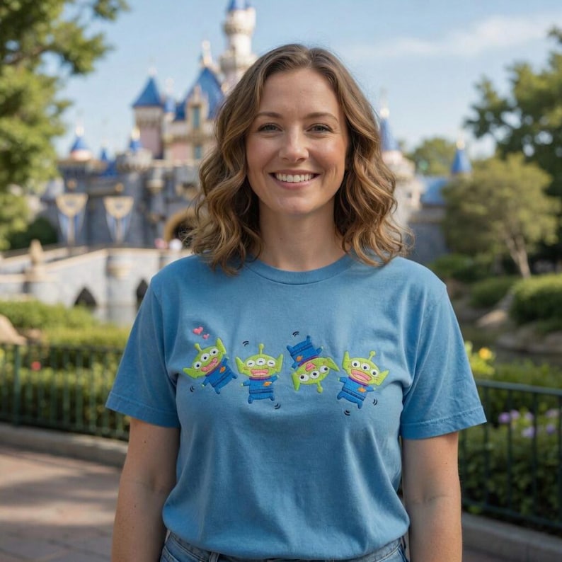 May include: A light blue short-sleeved t-shirt featuring a graphic print of four green three-eyed aliens from the Toy Story franchise. The aliens are depicted in various poses, with one alien showing a small pink heart icon above its head.