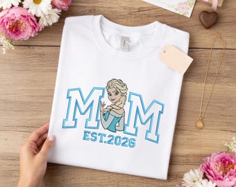 Elsa Mom EST.2026 Embroidered T-Shirt | Frozen New Mama Gift
