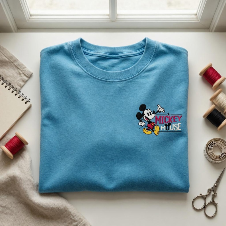 K&ouml;nnte beinhalten: Hellblaues T-Shirt mit einem Mickey Mouse-Motiv auf der Vorderseite. Das Motiv zeigt Mickey Mouse in einer klassischen Pose mit den Worten "Mickey Mouse" in einem Rechteck. Das T-Shirt ist sauber auf einer wei&szlig;en Oberfl&auml;che gefaltet.