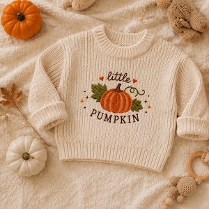 Pode incluir: Um suéter de malha de manga comprida na cor creme com um gráfico de abóbora laranja bordado no centro. O texto "little PUMPKIN" está costurado em marrom acima e abaixo da abóbora, acentuado por pequenos corações vermelhos e estrelas laranja.