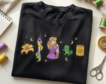 Disney Rapunzel Gewaschenes Besticktes Shirt, Verstrickte Prinzessin Blumen Turm Pascal Laterne Vintage T-Shirt, Disney Mädchen Reise