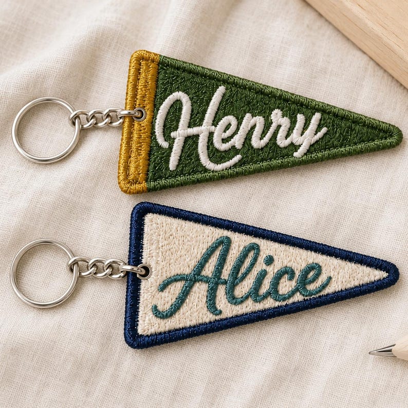 May include: Two triangular embroidered keychains with silver metal rings. The top keychain is dark green with a gold border and the white embroidered name Henry. The bottom keychain is cream with a dark blue border and the dark green embroidered name Alice.