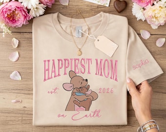 Happiest Mom on Earth Disney Inspired Kanga and Roo Embroidered Shirt, Custom Est Year and Personalized Name Sleeve Mom Gift