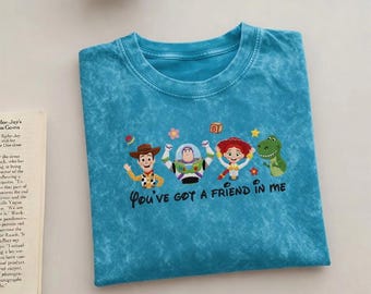 Camiseta bordada de Toy Story, Woody, Jessie, Buzz y Rex, camiseta de algodón con efecto desteñido.