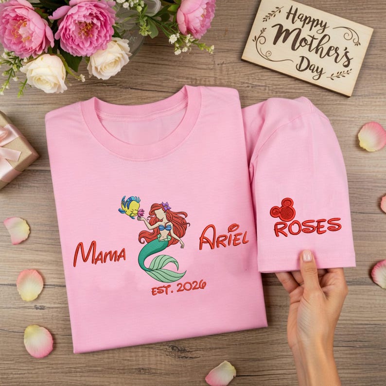 Personalized Ariel Mama Embroidered T-Shirt, Little Mermaid Mom Shirt (EST. 2026) image 2