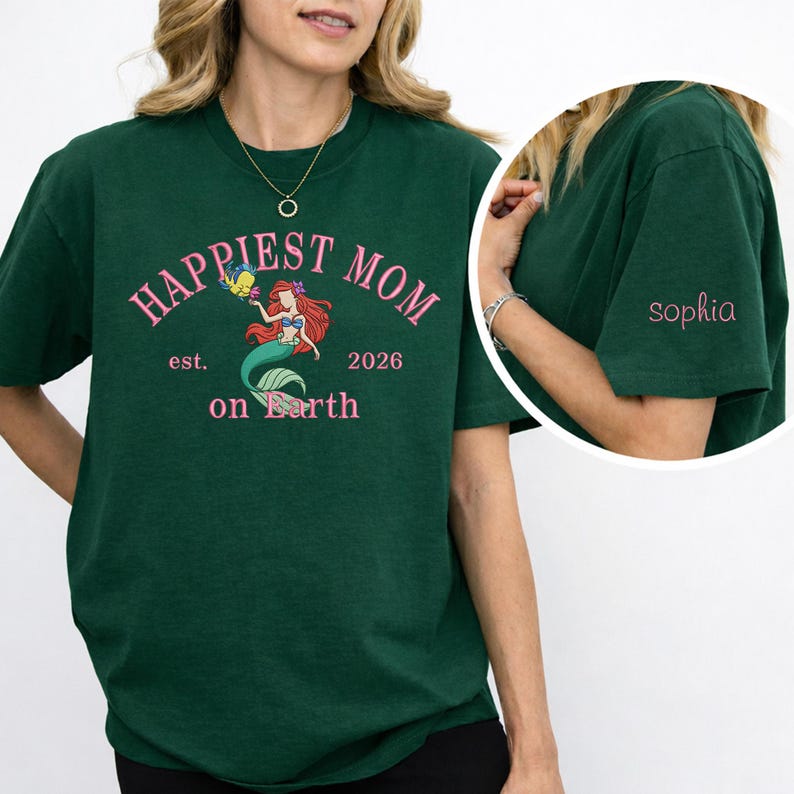 Happiest Mom Ariel Embroidered T-Shirt – Little Mermaid Est 2026 image 4
