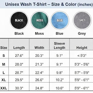 Puede incluir: Tabla de tallas y colores para una camiseta unisex lavada. Las tallas van de la S a la XXL, con medidas en pulgadas para largo, ancho y largo de manga. Los colores incluyen negro, musgo, azul y gris.