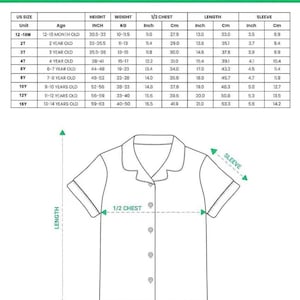 May include: Diagram of a satin short-sleeve pajama shirt with measurements in inches and centimeters. The chart provides sizing information for kids and youth, including chest, length, and sleeve dimensions. The text at the top reads "ALL-OVER PRINT KID AND YOUTH SATIN SHORT-SLEEVE PAJAMAS SHIRT."