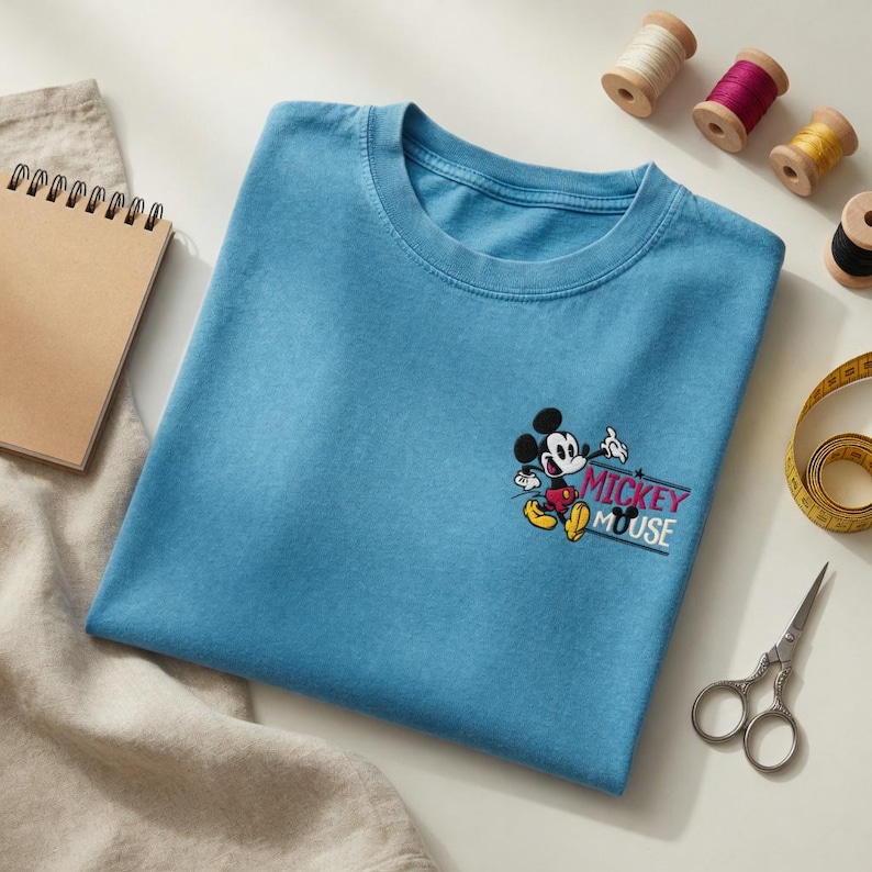 K&ouml;nnte beinhalten: Hellblaues T-Shirt mit gesticktem Mickey Mouse-Design und dem Text "Mickey Mouse". Das Bild zeigt N&auml;hzubeh&ouml;r: Garnrollen, Schere und ein Ma&szlig;band, alles auf einer wei&szlig;en Oberfl&auml;che.