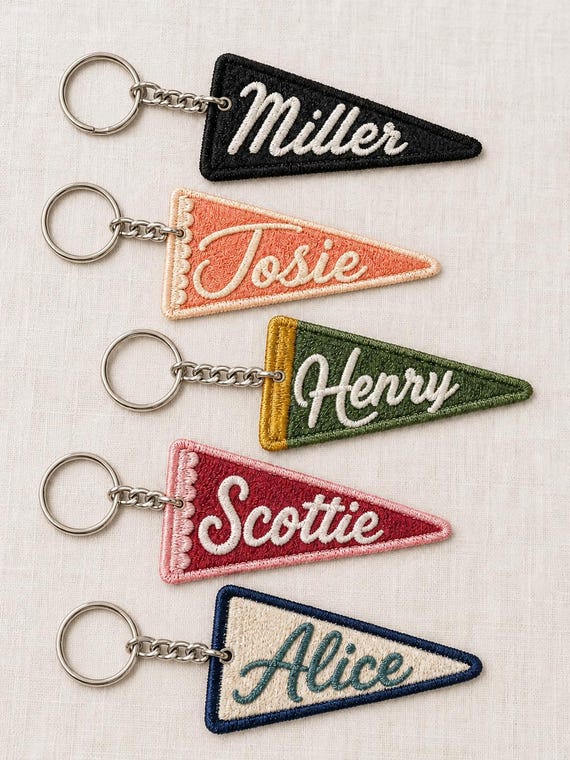 Embroidered Pennant Name Keychain, Personalized Fabric Patch Key Ring, Custom Backpack Tag