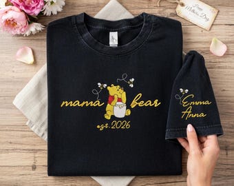 Chemise brodée personnalisée maman ours Winnie l'ourson, t-shirt personnalisé cadeau fête des mères