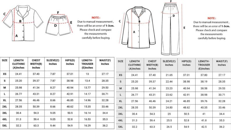 May include: Diagram of pajama sets with measurements in inches. Includes a short-sleeve shirt and shorts, and a long-sleeve shirt and pants. Size charts detail clothing length, chest width, sleeve length, hips, trouser length, and waist.
