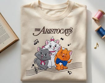 Chemise brodée rétro Disney Les aristochats, t-shirt Marie Cat, t-shirt brodé chatons, chemise cadeau vacances Disney Voyage en famille 2026
