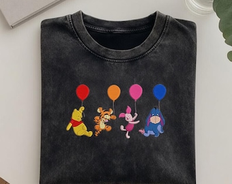 Camiseta lavada bordada de Winnie the Pooh y sus amigos, camiseta de globos de Disney Pooh Bear, regalo para un viaje a Disneyland