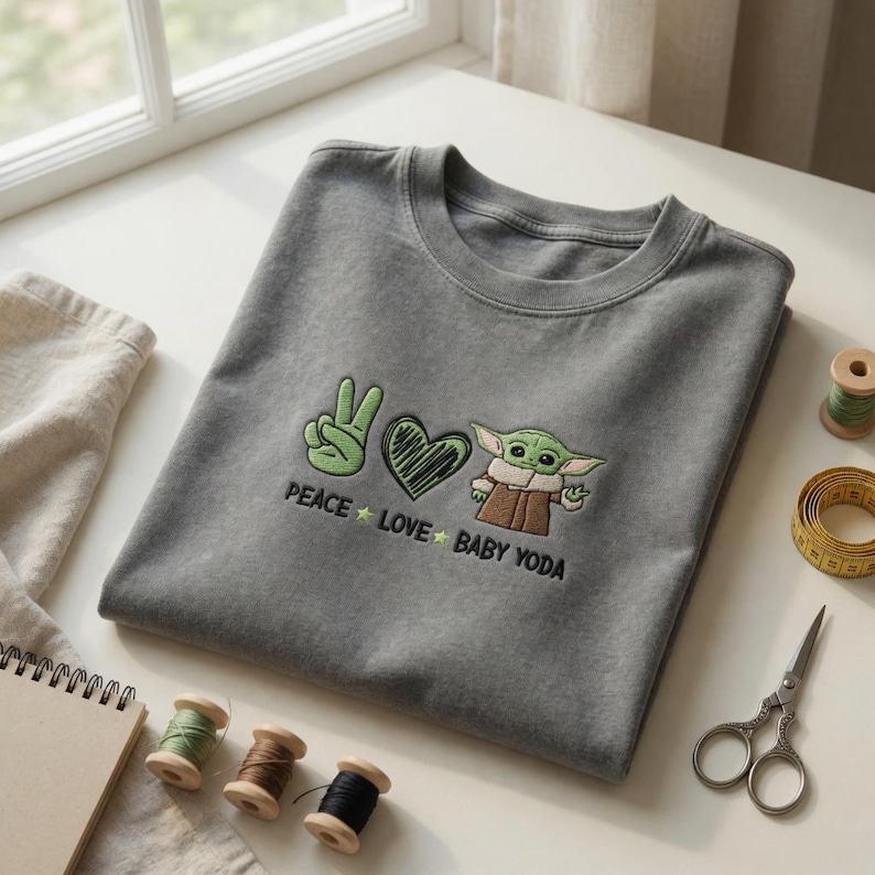 Może przedstawiać: Szara bluza z haftowanym wzorem przedstawiającym znak pokoju, serce i Baby Yodę. Tekst "PEACE LOVE BABY YODA" jest wyhaftowany poniżej. Widoczne są r&oacute;wnież akcesoria do szycia, takie jak nić i nożyczki.
