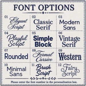 May include: A grid of twelve dark blue embroidered font options on a light fabric background. The text includes FONT OPTIONS, numbers 01 through 12, and names like Elegant Script, Classic Serif, Modern Sans, Playful Script, Simple Block, Vintage Serif, Rounded, Formal Cursive, Western, Minimal Sans, Brush Script, Fairy Script, and Please enter the font number in the personalization box.