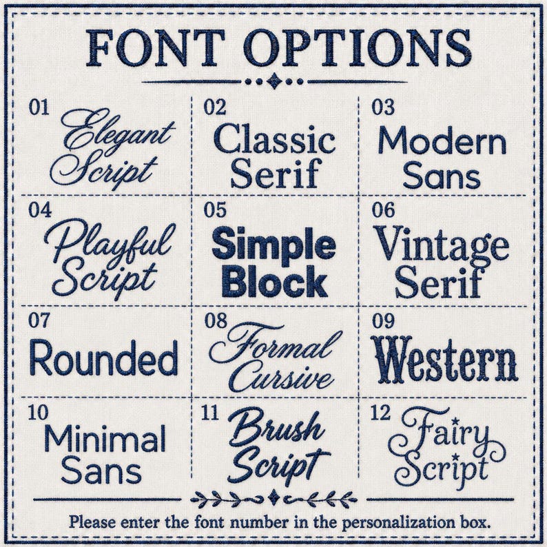 May include: A grid of twelve dark blue embroidered font options on a light fabric background. The text includes FONT OPTIONS, numbers 01 through 12, and names like Elegant Script, Classic Serif, Modern Sans, Playful Script, Simple Block, Vintage Serif, Rounded, Formal Cursive, Western, Minimal Sans, Brush Script, Fairy Script, and Please enter the font number in the personalization box.