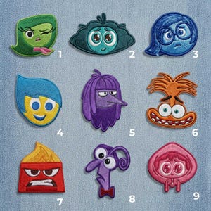 May include: Nine embroidered patches featuring characters from the animated film Inside Out. The patches depict various emotions, including Joy, Sadness, Anger, Fear, and Disgust, in bright colours. The patches are on a denim background.