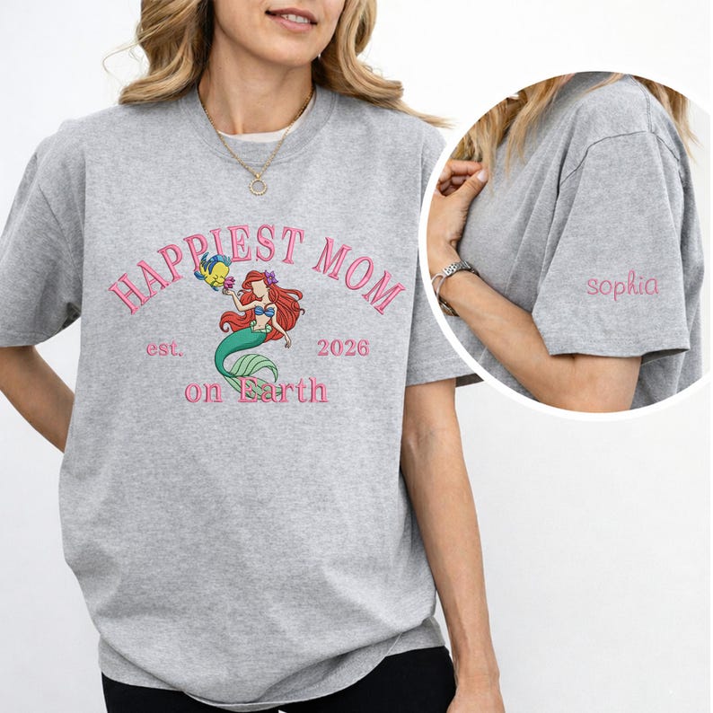 Happiest Mom Ariel Embroidered T-Shirt – Little Mermaid Est 2026 image 8