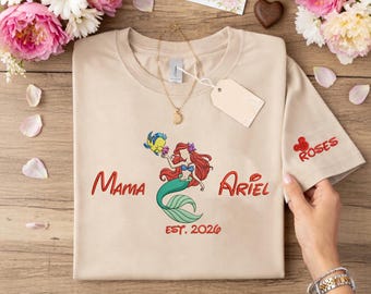 T-shirt brodé maman Ariel personnalisé, chemise maman petite sirène (EST. 2026)
