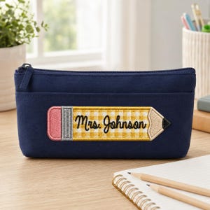 Custom Pencil Name Embroidered Patch, Personalized Teacher Name Tag, Yellow Gingham School Badge, Custom Back to School Gift