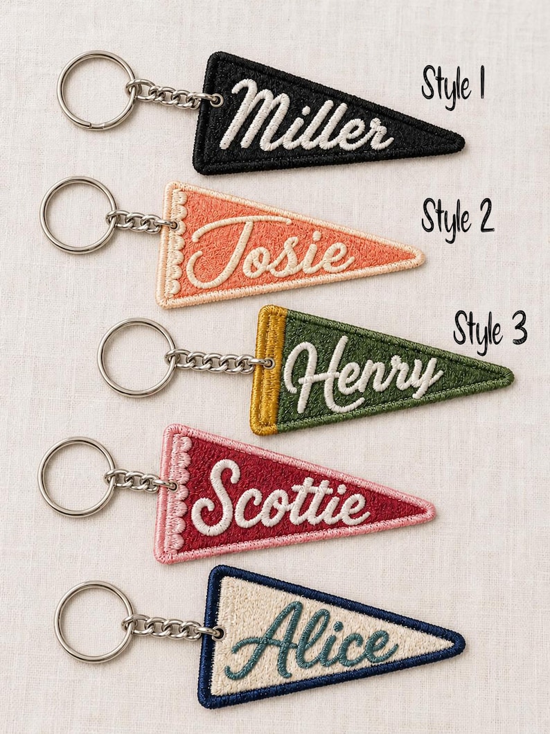 May include: Five triangular embroidered keychains with metal rings. The keychains feature the names Miller, Josie, Henry, Scottie, and Alice in various colors and styles. The text Style 1, Style 2, and Style 3 is printed next to the keychains.