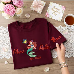 Personalized Ariel Mama Embroidered T-Shirt, Little Mermaid Mom Shirt (EST. 2026) image 5