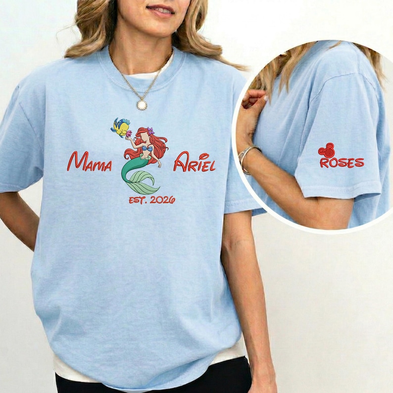 Personalized Ariel Mama Embroidered T-Shirt, Little Mermaid Mom Shirt (EST. 2026) image 8