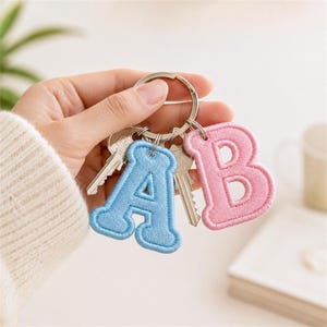 Op de afbeelding: Een metalen sleutelhanger met twee geborduurde stoffen letterhangers, een lichtblauwe letter A en een lichtroze letter B, bevestigd aan een zilverkleurige ring samen met twee standaard metalen huissleutels voor organisatie en identificatie.