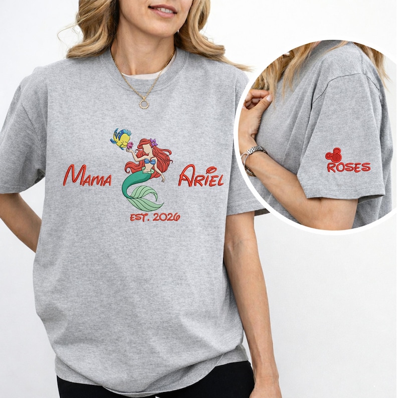 Personalized Ariel Mama Embroidered T-Shirt, Little Mermaid Mom Shirt (EST. 2026) image 6