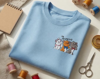 Haftowana koszulka z motywem Arystokratów – Marie Toulouse Berlioz Kocięta – Koszulka rodzinna Disney Prezent dla fanów Disneya Kobiety Dziewczynki