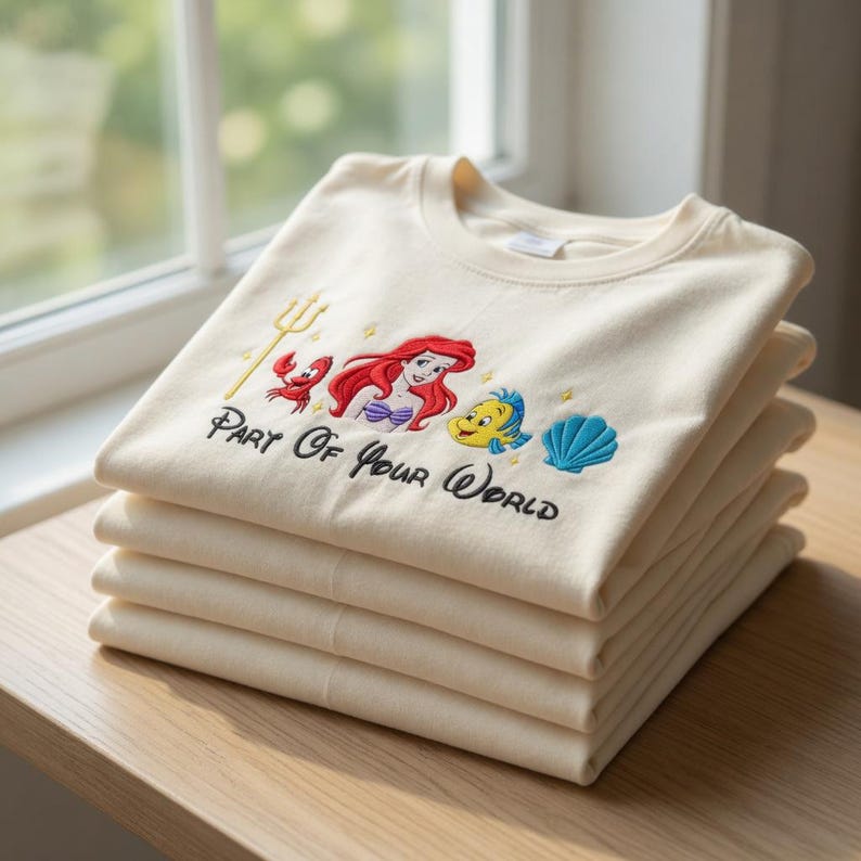 Puede incluir: Una pila de camisetas color crema con un dise&ntilde;o bordado de una sirena pelirroja, un cangrejo, un pez amarillo y una concha azul. El texto "Part Of Your World" est&aacute; bordado debajo. Las camisetas est&aacute;n cuidadosamente dobladas sobre una superficie de madera.