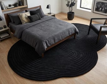Black Organic Shape Rug, High-Low Tufted Textured Carpet, Modern Minimalist Floor Rug