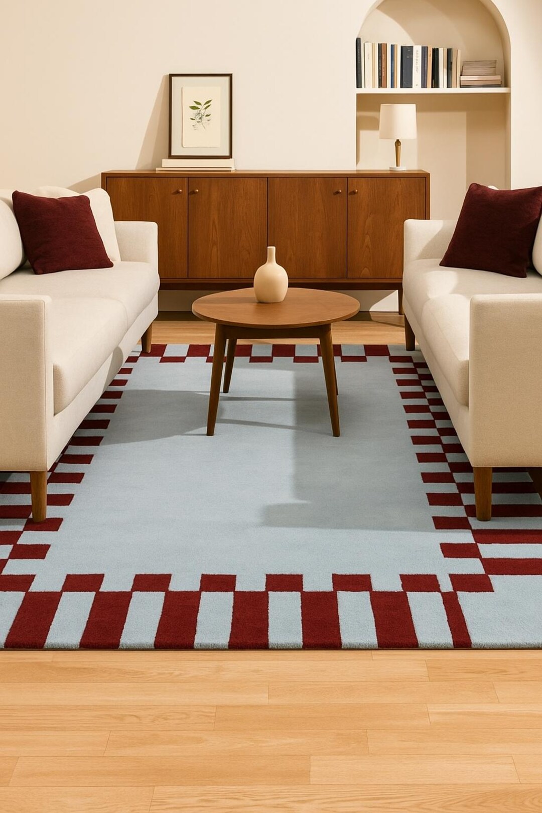 Maroon Border Rug Handmade Wool Area Rug | Blue & Maroon Geometric Check Border - Etsy