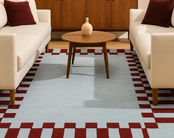 Tappeto in lana fatto a mano / Bordo a quadri geometrici blu e marrone