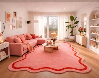 Tappeto ondulato rosa, tappeto in lana annodato a mano, bordo rosso