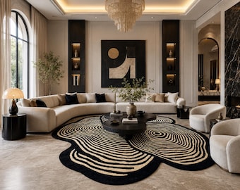 Handmade Irregular Eye-Catching Black & Gold Tufted Rug, Abstract Organic Shape Area Rug