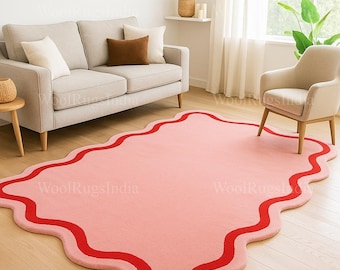 Tappeto in lana annodato a mano: forma irregolare rosa con bordo rosso
