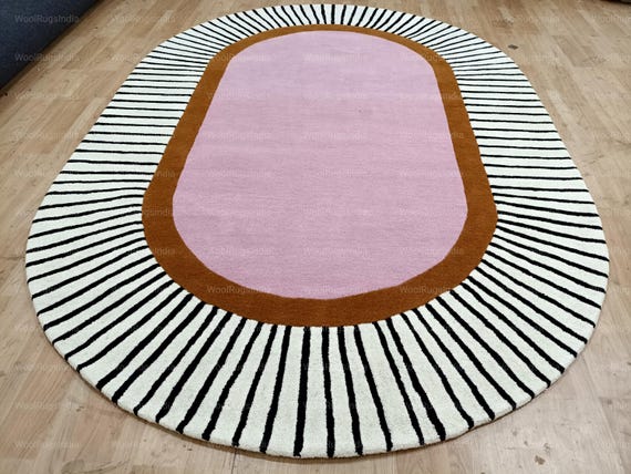 8x10 ft Hand Tufted 100% wool Area Rugs Large Oval Modern Retro Rug – pink , Terracotta Sunburst Design – Mid-Century Modern Carpet