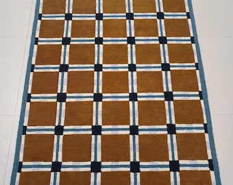 Geometric Checkered Pattern Carpet | Ochre Brown & Blue Soft Floor Mat for Nursery or Bedroom