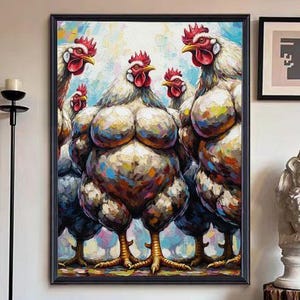 Abstract Chicken Flock Mid-Century Modern Decor Original Hand Oil Painting With Thick Texture Large Farm  Chicken Animal Wall Art Decor