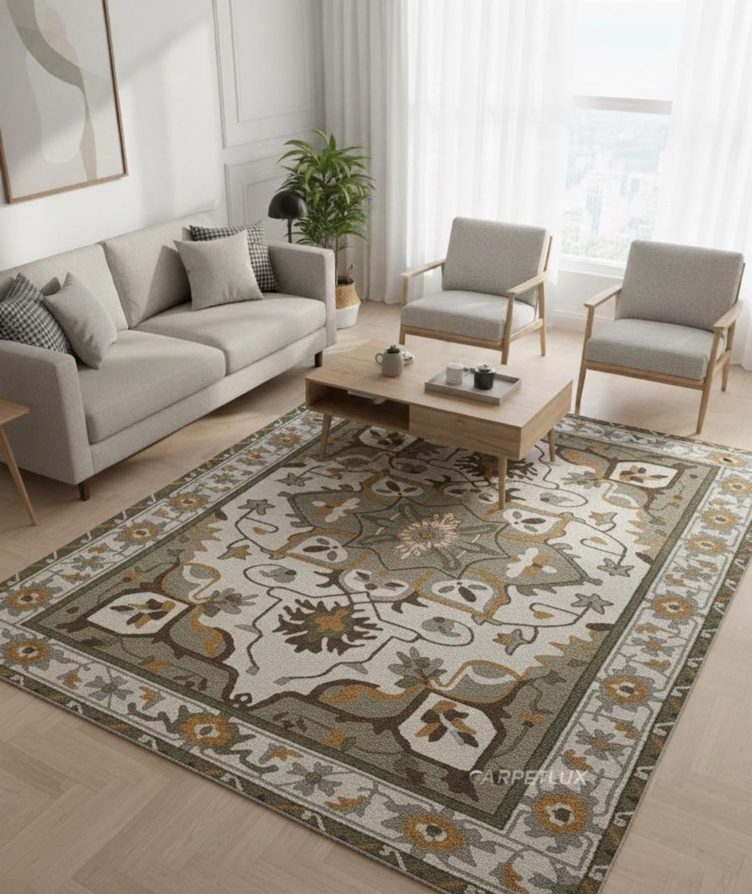 Hand-tufted Wool Area Rug, Olive Beige Floral Medallion, Traditional ...