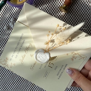 Elegant Deckle Edge Wedding Invitation With Wax Seal, Flat Custom Printed Invite For Church Ceremony, Minimalist Wedding Set