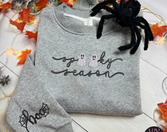 Embroidered Halloween Sweatshirt, Spooky Season Ghost Crewneck