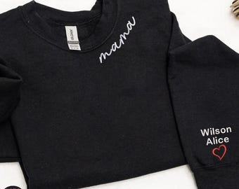 Sudadera de mamá bordada personalizada, nombres de niños en la manga